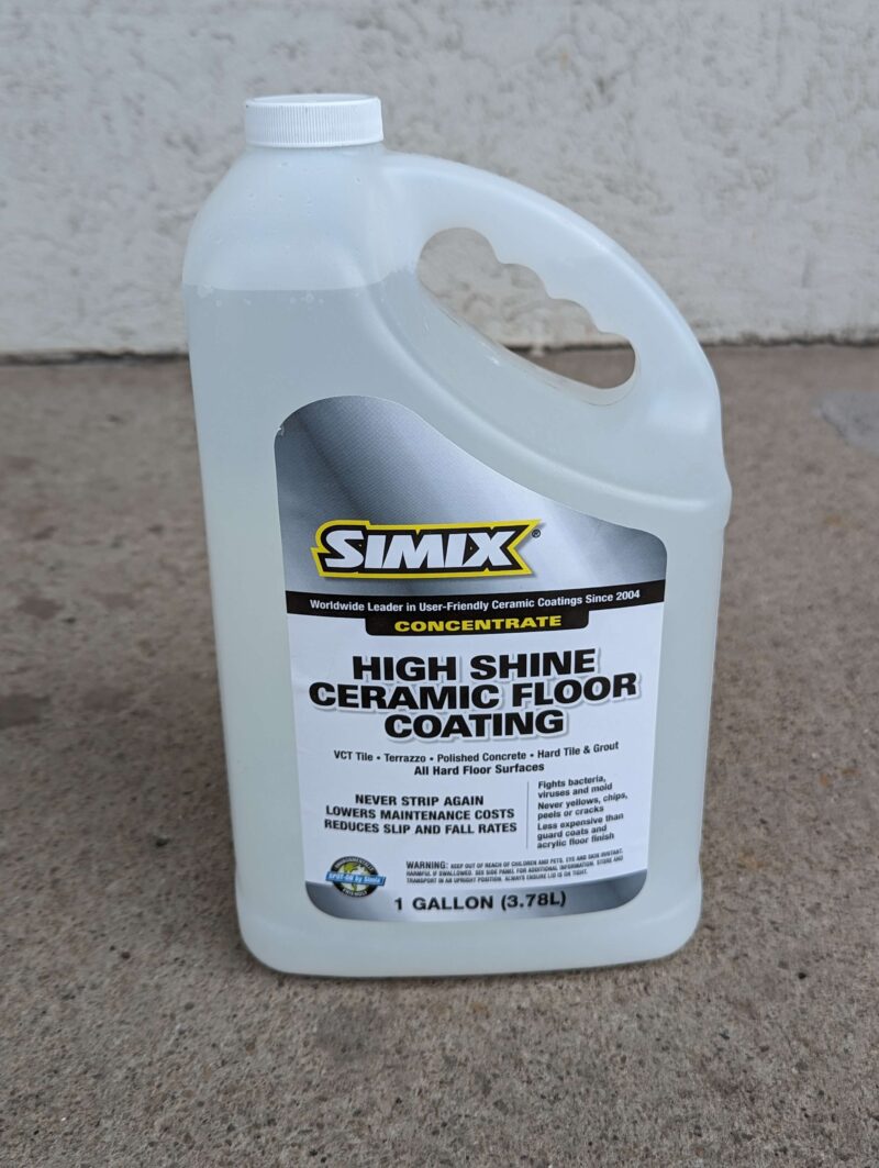 1 gallon bottle labeled as "Simix high shine ceramic floor coating"