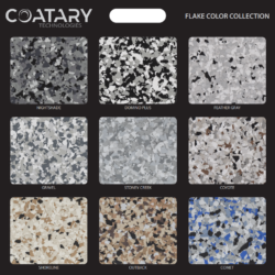 Nine Coatary Epoxy Flakes samples in rectangular shapes feature colors: Nightshade, Domino Plus, Feather Gray, Gravel, Stoney Creek, Coyote, Shoreline, Outback, and Comet.