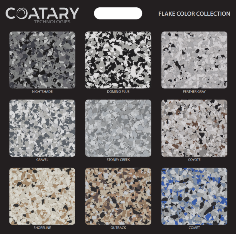 Nine Coatary Epoxy Flakes samples in rectangular shapes feature colors: Nightshade, Domino Plus, Feather Gray, Gravel, Stoney Creek, Coyote, Shoreline, Outback, and Comet.