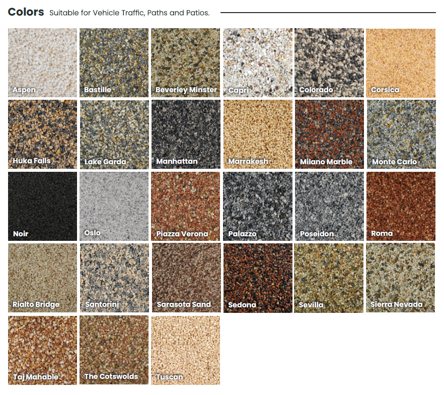 A grid of 28 textured surface samples, including Resin Rock, labeled with names such as Aspen, Capri, Manhattan, Marrakesh, and more—displaying a variety of colors and patterns.