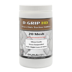 A white plastic container labeled "Durável TRO D-GRIP HD Heavy Duty Traction Additive, 20 Mesh," featuring product highlights and the Durável TRO logo at the bottom. Net contents: 30 ounces.