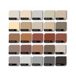 The Durável Overlay Color Packs chart features 25 labeled rectangular paint swatches—such as Beach Sand, Khaki, Cappuccino, Terra Cotta, Brick Red, Walnut, and Charcoal—ideal for choosing your perfect Concrete Overlay color.