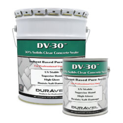 Two cans of Durável DV-30 solvent-based pure acrylic clear concrete sealer—one large, one small—are labeled for professional use only and are ideal for warm weather applications.