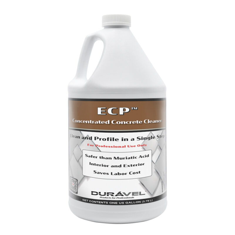 A one-gallon bottle of Durável ECP Concentrate Concrete Cleaner, labeled for professional use, claims to be safer than muriatic acid and is suitable for both interior and exterior surfaces.