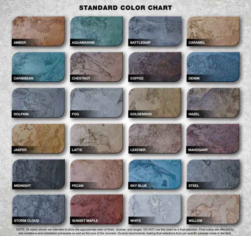 A grid of 20 rectangular Durável In-Fluence Colors countertop samples—Amber, Aquamarine, Battleship, Caramel, and more—labeled and arranged under the title “Standard Color Chart” to highlight trending color options.