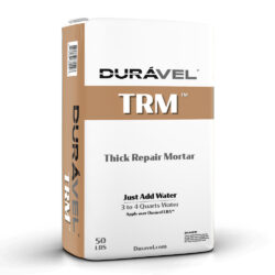 A 50-pound bag of Durável TRM, made for application over Duravel LBA. Just add water as per TCO instructions. The mortar features unique white and brown packaging.