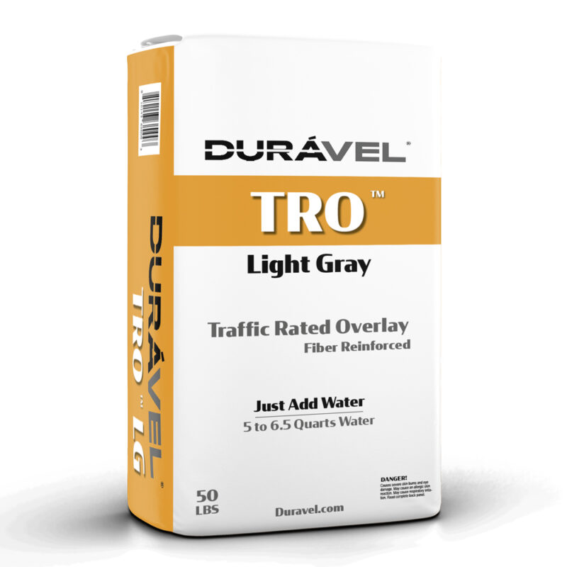A 50-pound bag of Durável TRO, light gray, fiber-reinforced traffic-rated overlay—just add water.