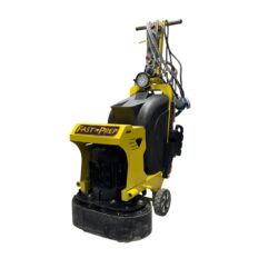 A yellow floor grinding machine labeled "Fast Prep," equipped with handles, control wires, and wheels for mobility, shown against a white background.