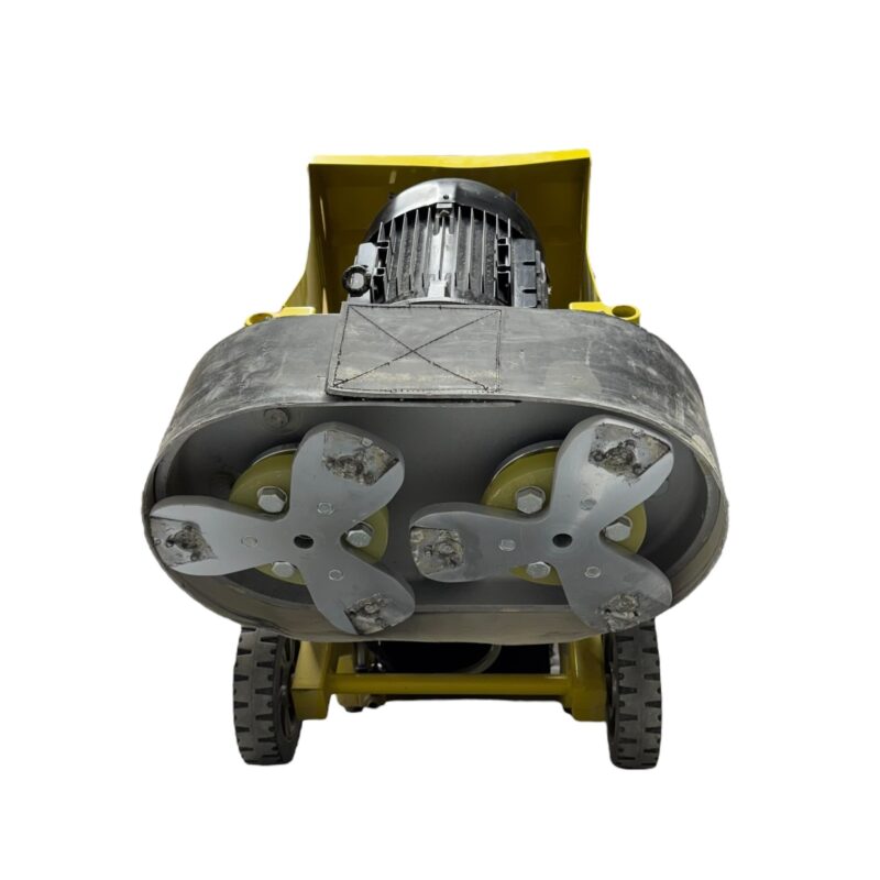 Front view of the NewGrind RX7 Mini - 3 Head Grinder, designed with three rotating heads—each holding four grinding pads—and wheels for easy maneuverability.