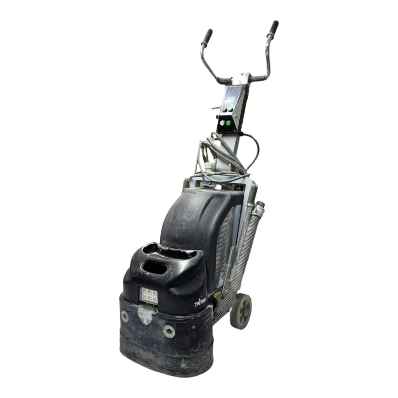 A black industrial floor scrubber machine with handlebars, wheels, hoses, and a control panel, pictured against a white background.