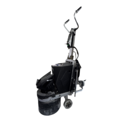 A black and silver floor grinding machine with two handles, wheels, and a circular grinding base, isolated on a white background.
