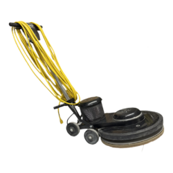 The Maverick Triton Twin Screw Grinder features a black industrial design with four wheels and a long yellow power cord, making it ideal for tackling tough surfaces like a powerful floor buffer machine.