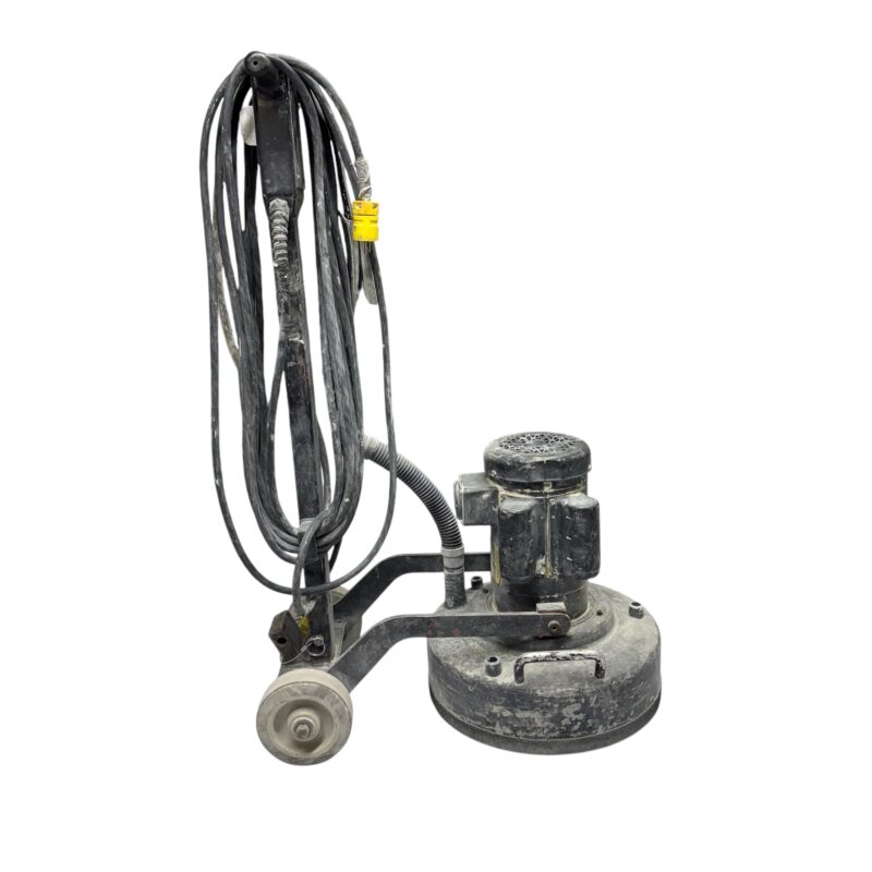 A commercial floor buffer with attached power cord, wheels, and a round base, positioned on a white background.