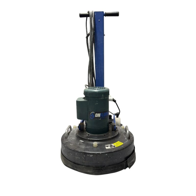 A floor buffer machine with a blue handle and black base, featuring an attached power cord, pictured against a white background.