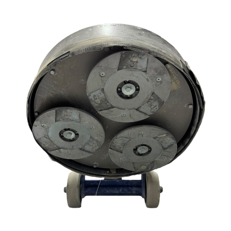 Close-up view of the OnFloor 16" Planetary Floor Grinder (Copy), featuring three rotating cutting heads on a wheeled base, similar to a compact tunnel boring machine.