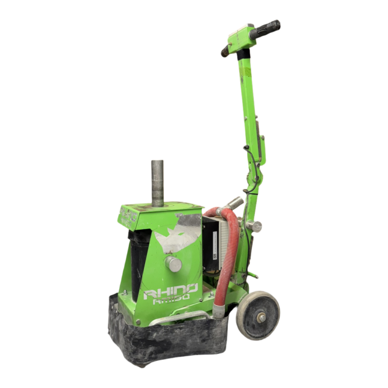 A green Rhino flooring machine with a handle, wheels, and attached red hose, isolated on a white background.