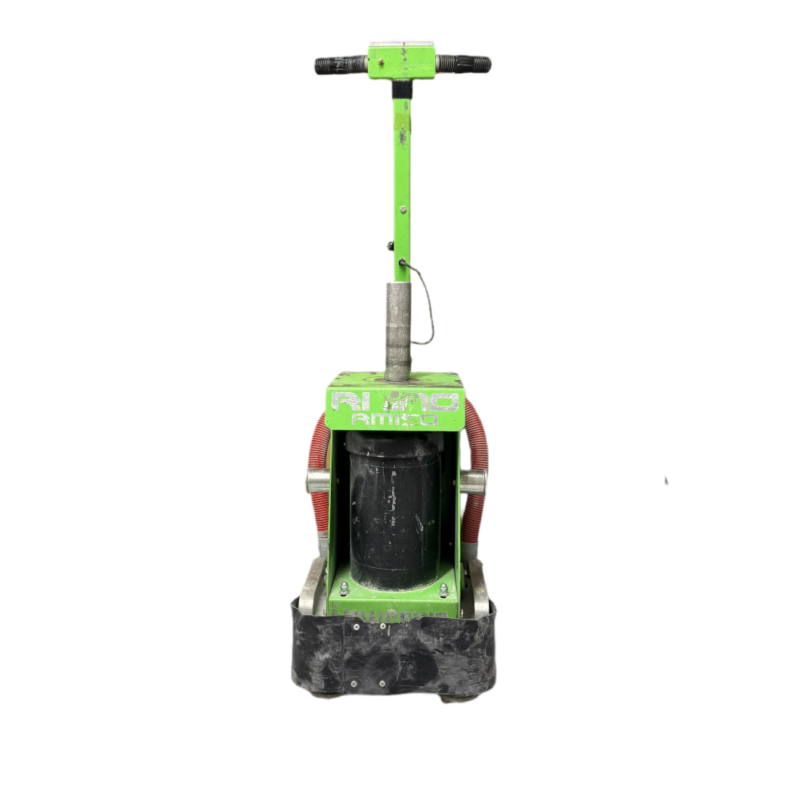 Front view of the Rhino 150 Grinder floor sander in green, featuring a black motor and handlebar, isolated on a white background.