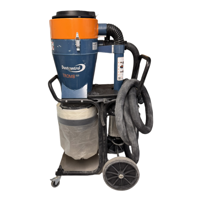 A Dustcontrol Tromb 400 industrial vacuum cleaner with hoses and a dust collection bag, mounted on a wheeled frame.