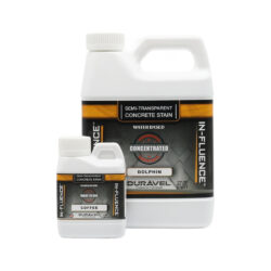 Two bottles of Durável In-Fluence Colors semi-transparent concrete stain, labeled “Coffee” and “Dolphin,” with white caps and black, orange, and gray labels display the rich color options from Durável.