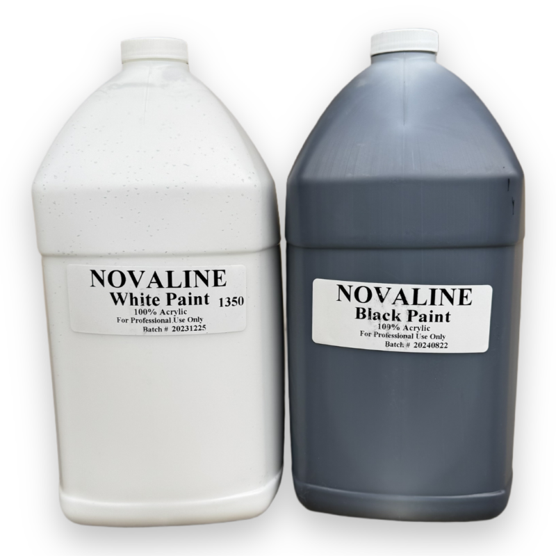 Two large jugs of Nova Line paint: one white (Batch #20231234) and one black (Batch #20240022), each 100% acrylic. Ideal for professional line markings on pickleball courts to create crisp boundaries.