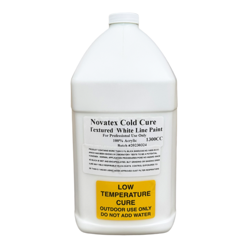 Gallon jug labeled "Nova Line Paint Products: Novatex Cold Cure Textured White." Ideal for pickleball courts, includes instructions and yellow warning: "Low Temperature Cure, Outdoor Use Only, Do Not Add Water.