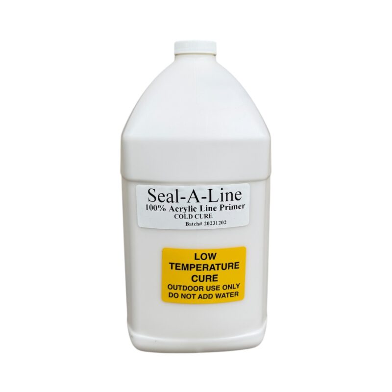 The white gallon container of "Nova Line Paint Products - Seal-A-Line 100% Acrylic Line Primer" is ideal for tennis courts. Features include low temperature cure, outdoor use only, and no water addition required.