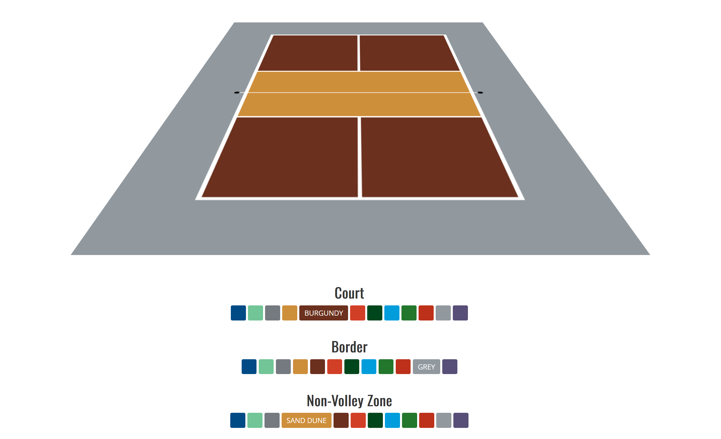 Colored diagram of a pickleball court featuring Nova sports athletic court coatings: a burgundy court, grey border, and sand dune non-volley zone. Color swatches shown below for each section.