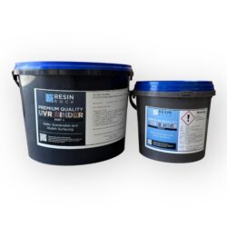 Two black plastic containers with blue lids, labeled "Resin Rock UVR Resin Kit (Copy)," are displayed on a white background. The larger container is on the left and the smaller one is on the right.