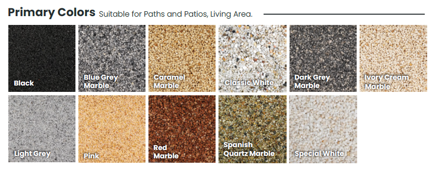 Twelve square samples of Resin Rock and aggregate surfaces in various colors, labeled: Black, Blue Grey Marble, Caramel Marble, Classic White, Dark Grey Marble, Ivory Cream Marble, Light Grey, Pink, Red Marble, Spanish Quartz Marble, Special White.