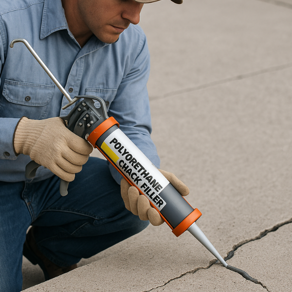Contractor applying polyurethane crack filler using caulk gun